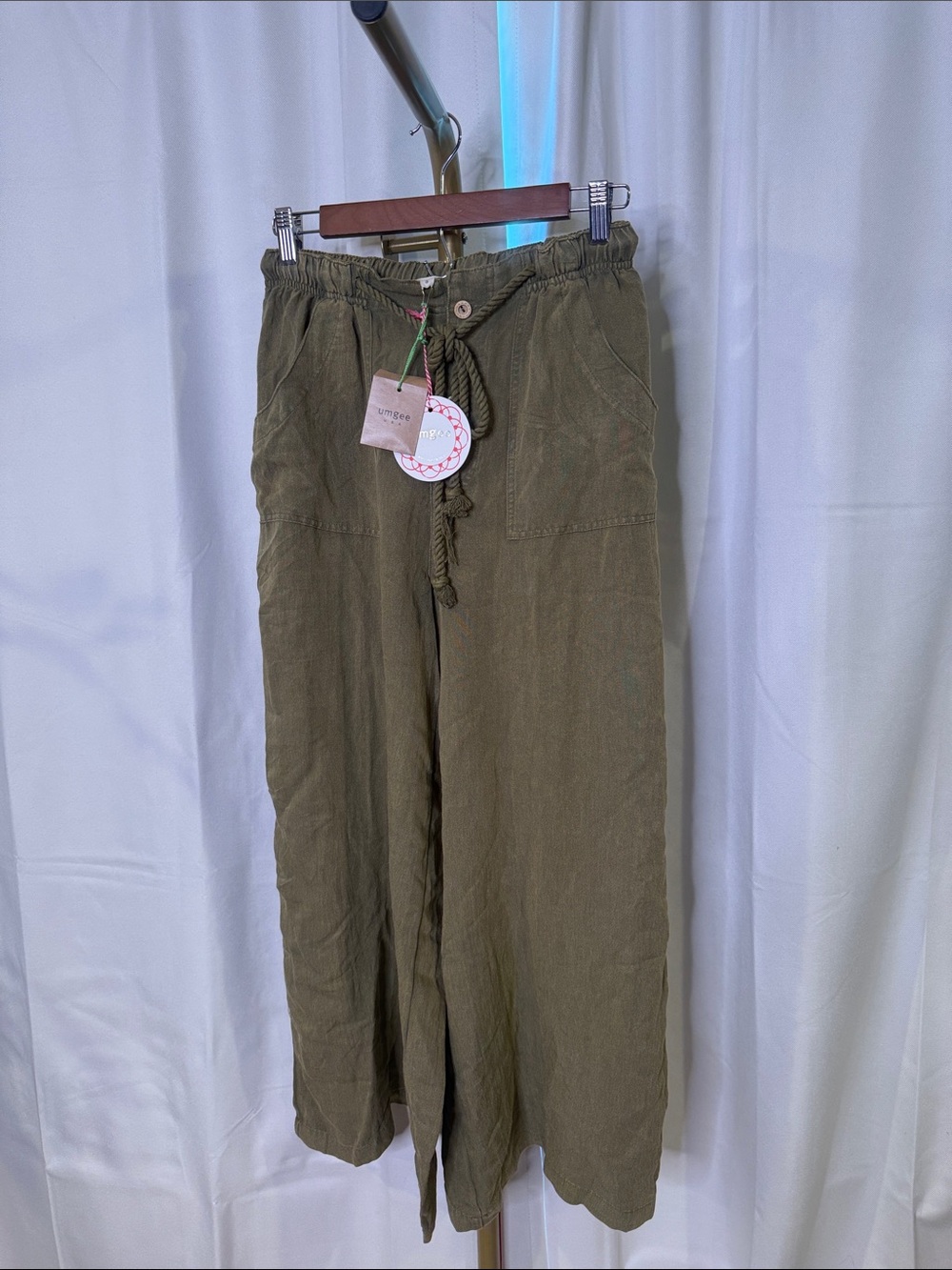 Umgee Olive Drawstring Wide-Leg Chinos Small